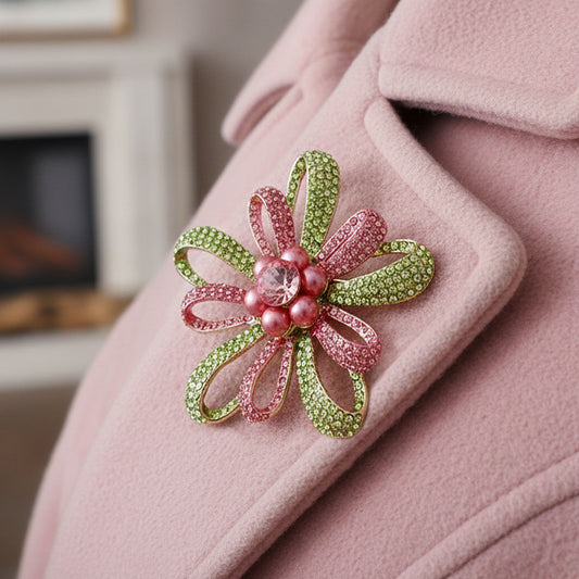 Brooch Large Pink Green Stone Loop Pearl Pin