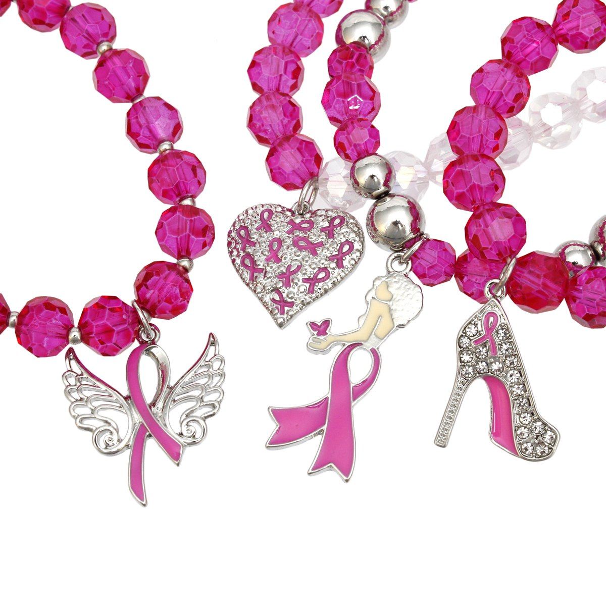 Breast Cancer Pink Glass Bead Angel 4 Pc Bracelets