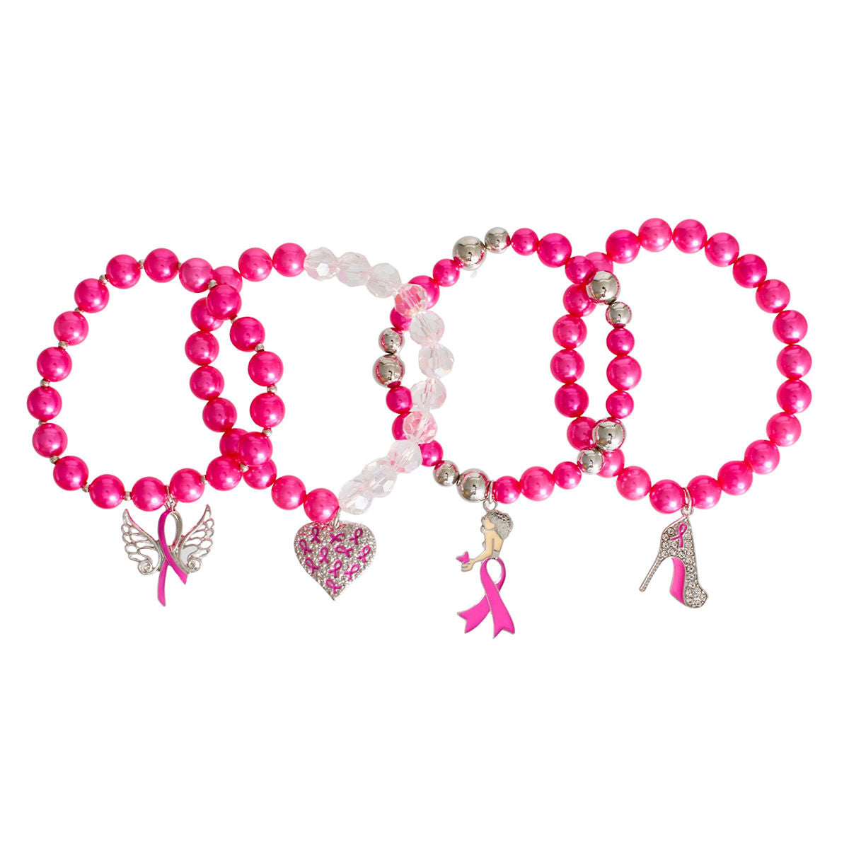Breast Cancer Pink Pearl Angel 4 Pc Bracelets