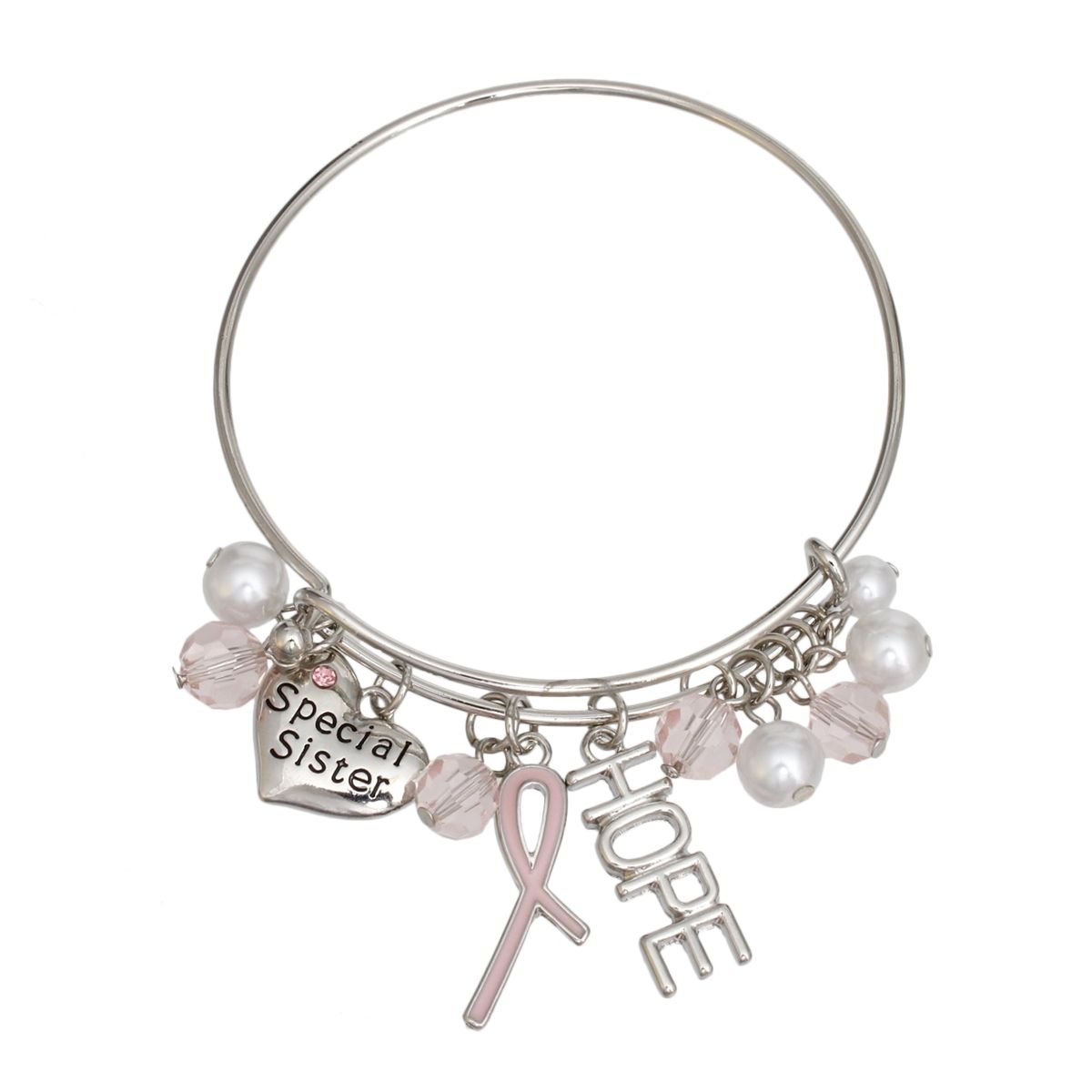Breast Cancer Silver Wire Light Pink Charm Bangle