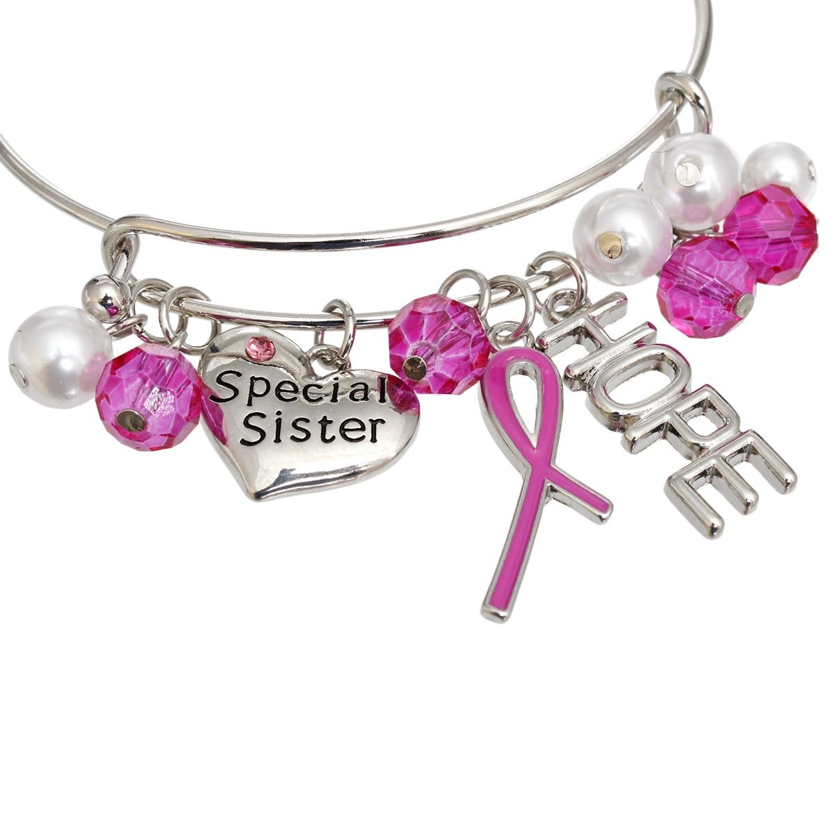 Breast Cancer Silver Wire Pink Charm Bangle