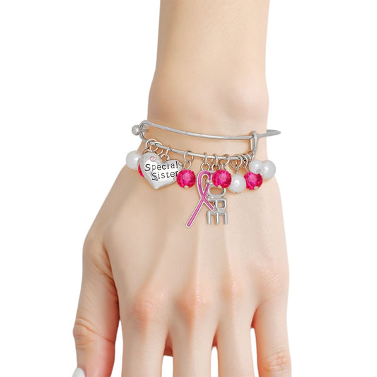 Breast Cancer Silver Wire Pink Charm Bangle
