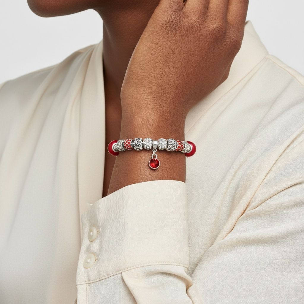 Silver Snake Chain Red Charm Women's Bracelet