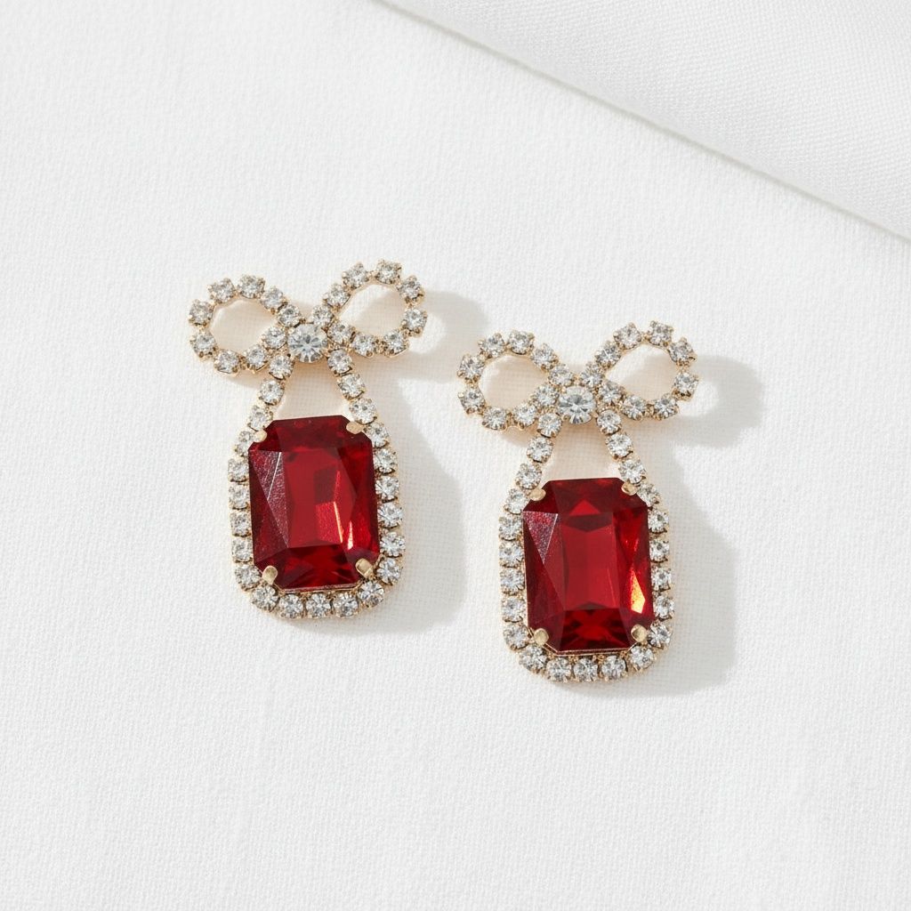 Dangle Date Night Red Crystal Sparkle Bow Earrings