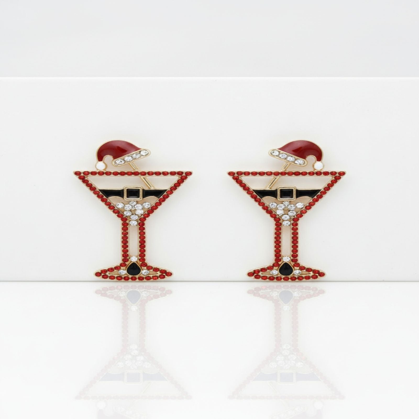 Stud Gold Tipsy Santa Red Martini Xmas Earrings