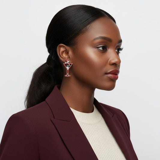 Stud Silver Tipsy Santa Red Martini Xmas Earrings