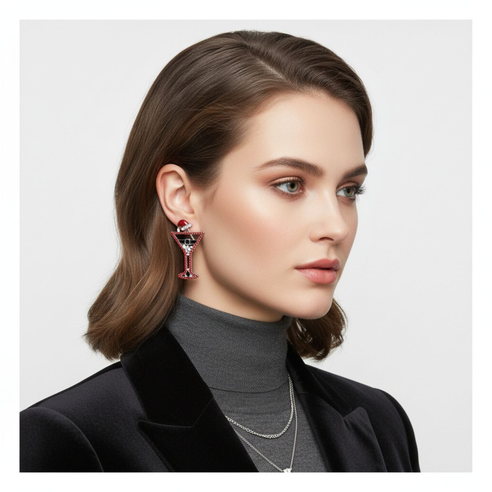 Stud Silver Tipsy Santa Red Martini Xmas Earrings