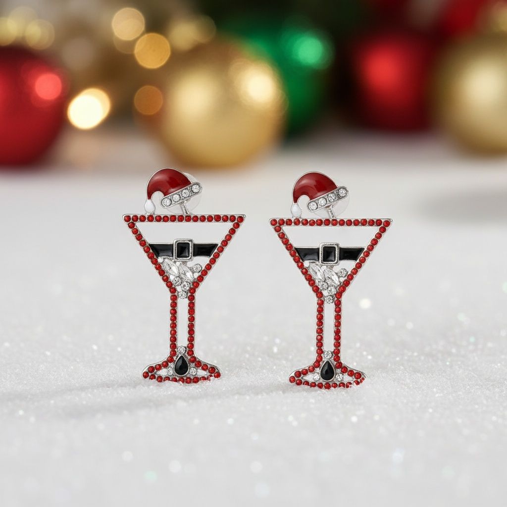 Stud Silver Tipsy Santa Red Martini Xmas Earrings