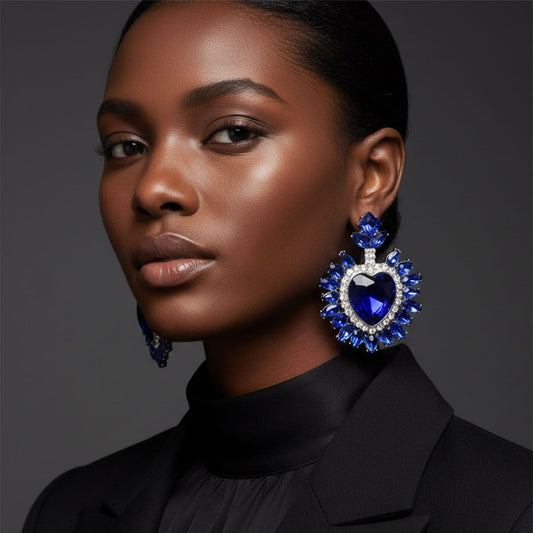 Stud Royal Blue Crystal and Glass Heart Earrings