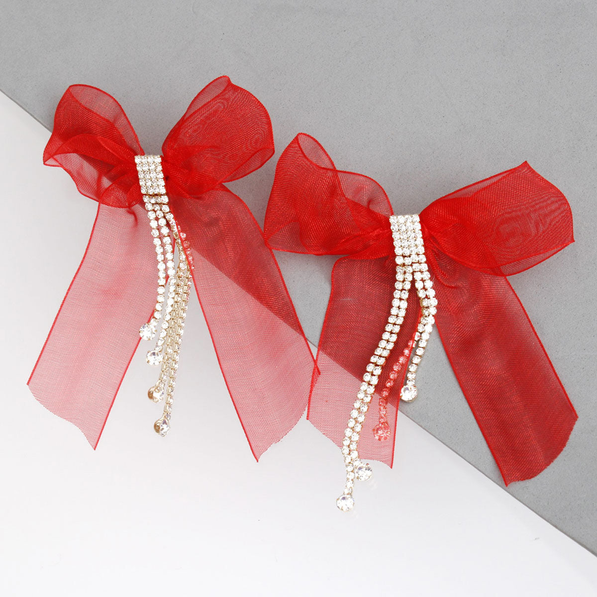 Tassel Red Ribbon Bow Sparkling Fringe Earrings