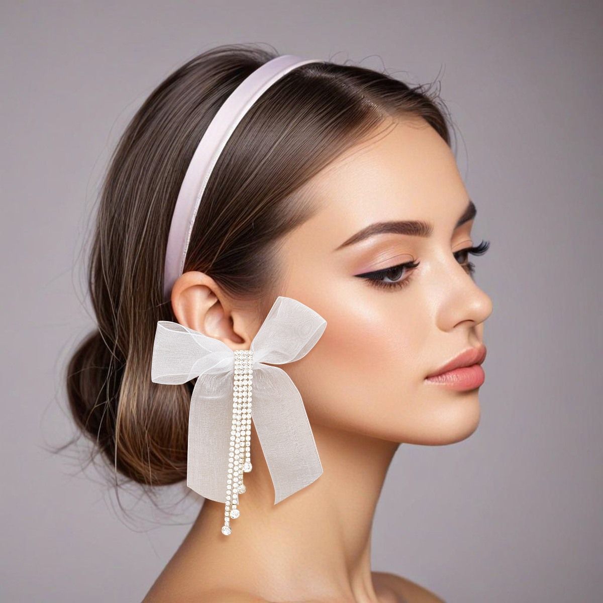 Tassel White Ribbon Bow Sparkling Fringe Earrings