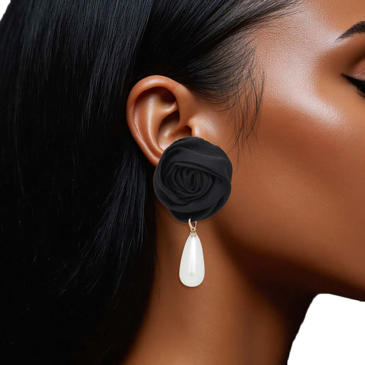 Stud Black Rose White Pearl Teardrop Earrings