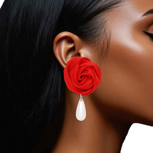 DST Red Rose White Pearl Teardrop Stud Earrings