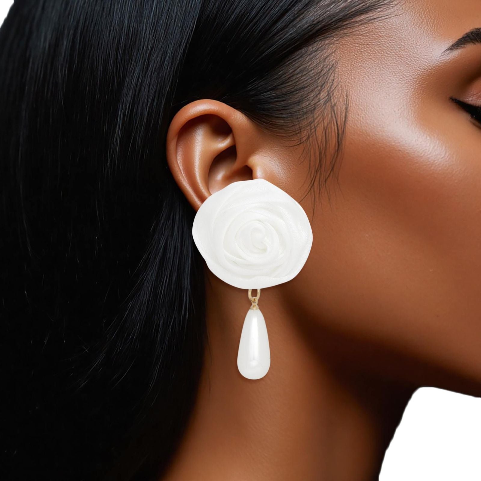 Stud White Rose White Pearl Teardrop Earrings