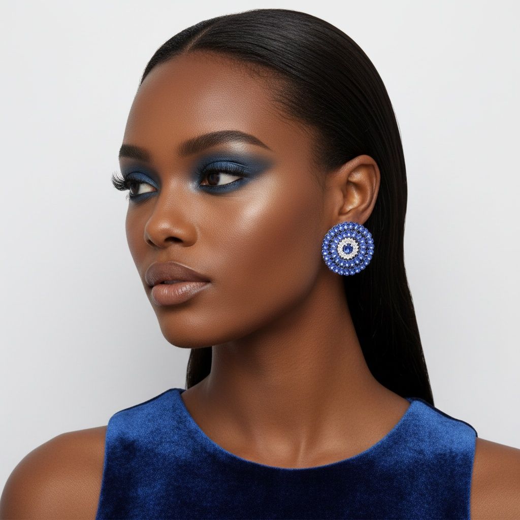 Clip On Blue Glass Teardrop Radiant Round Earrings