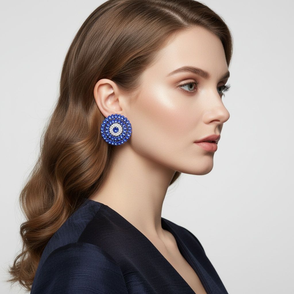 Clip On Blue Glass Teardrop Radiant Round Earrings
