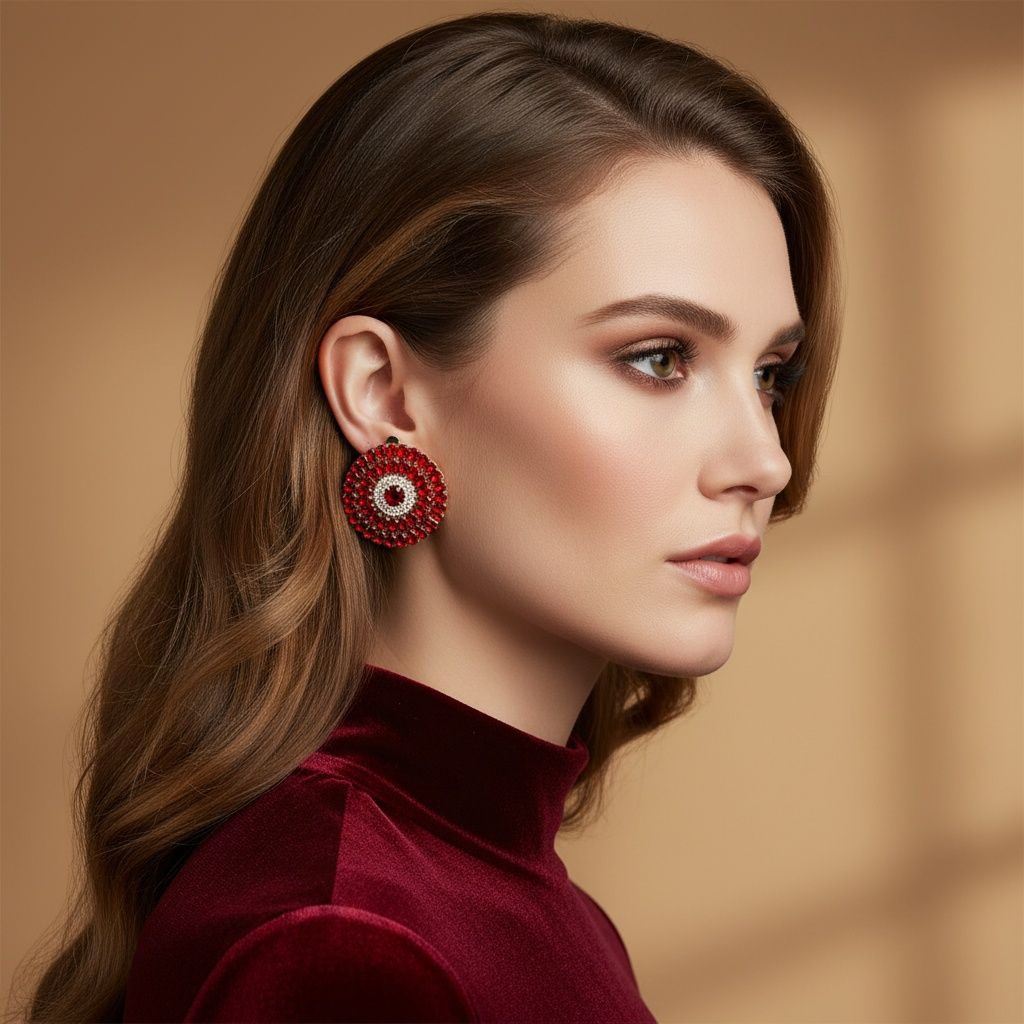Clip On Red Glass Teardrop Radiant Round Earrings