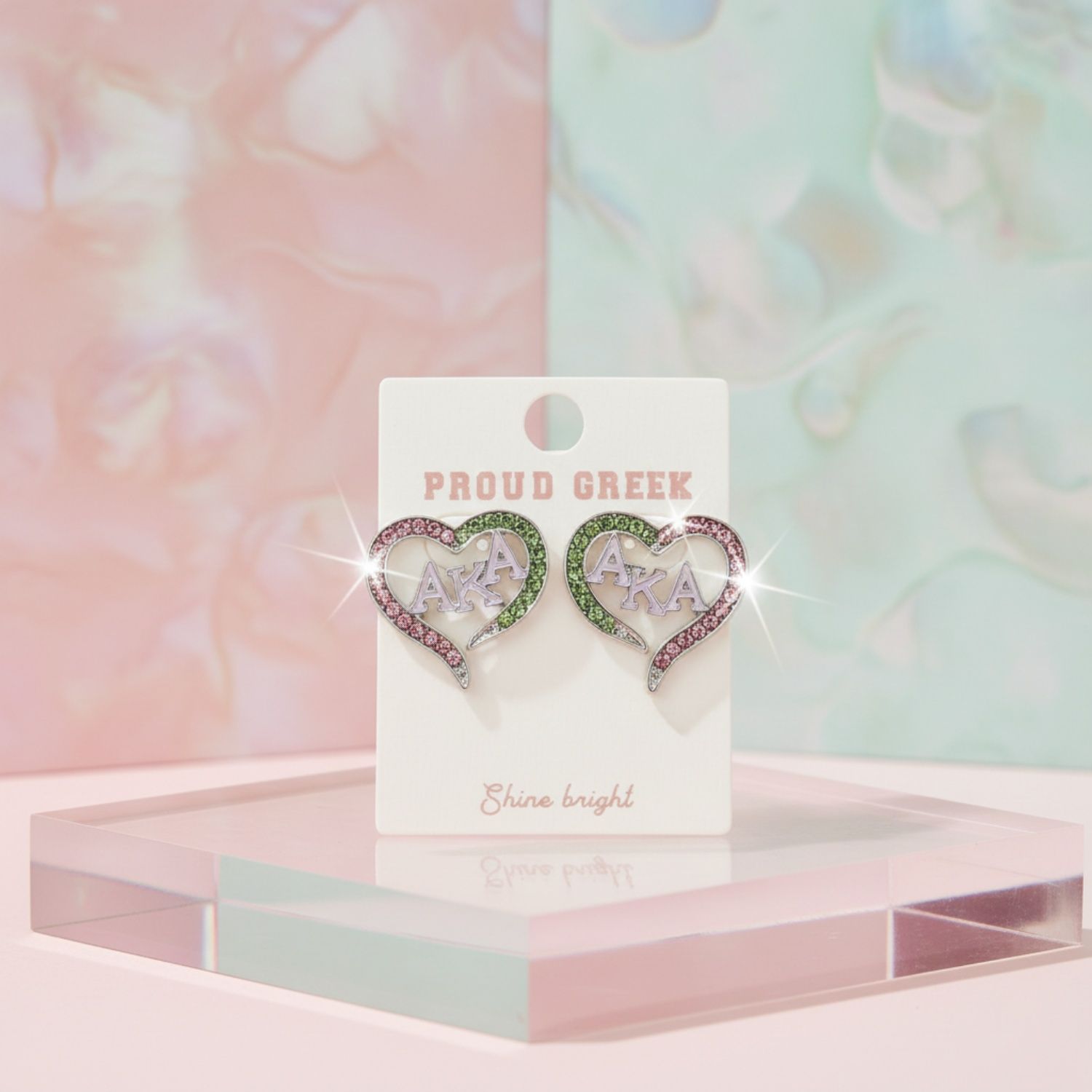 AKA Sorority Heart Pink Green Bling Stud Earrings