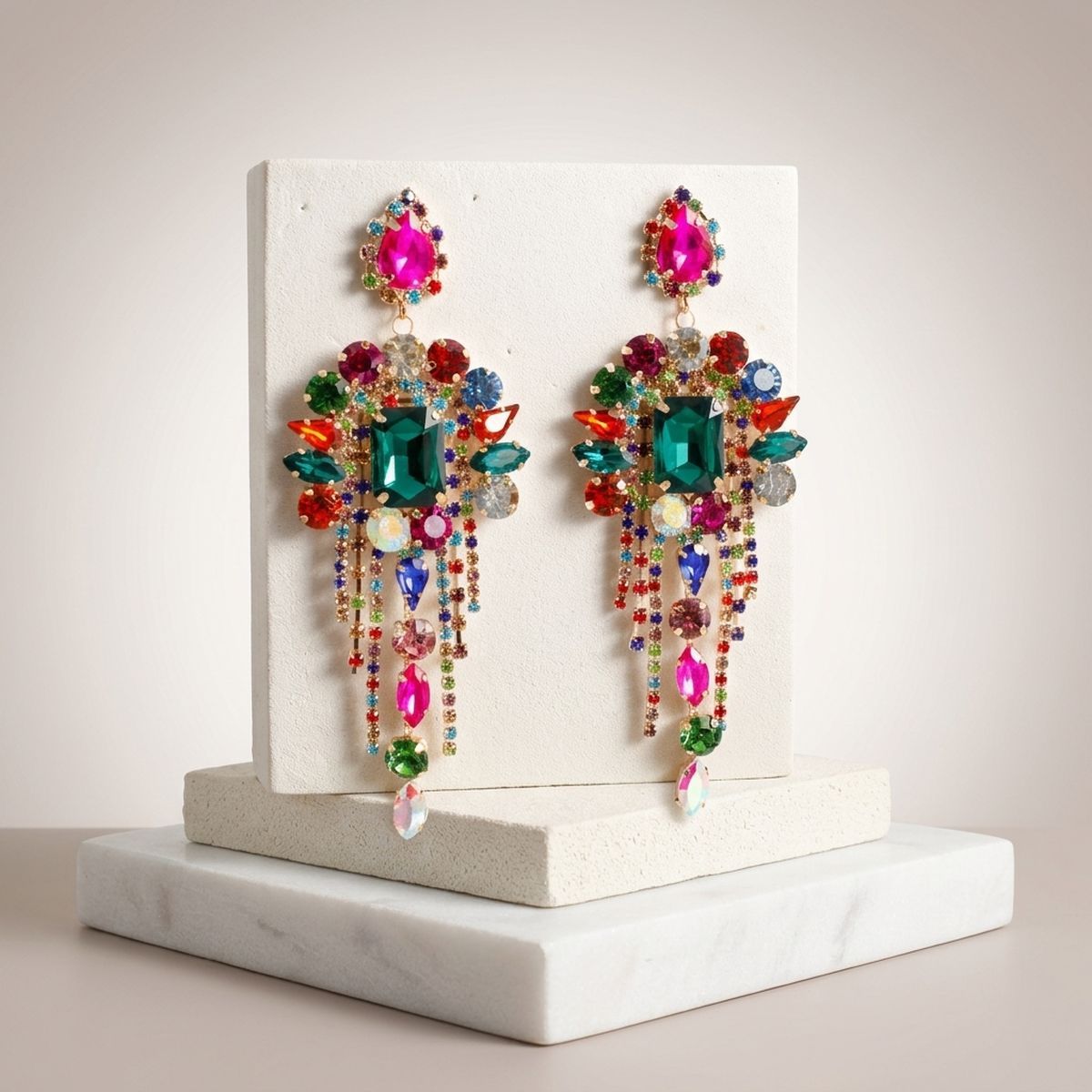 Multicolor Arched Glass Crystal Chandelier Earrings