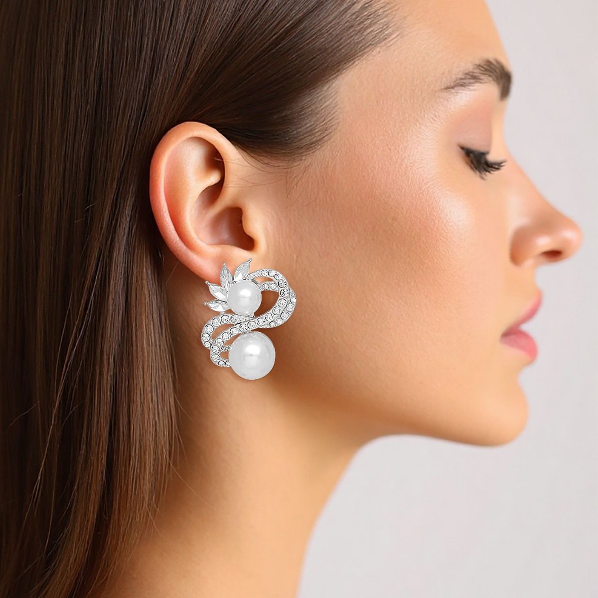 Clip On High End Silver Ribbon Pearl Earrings
