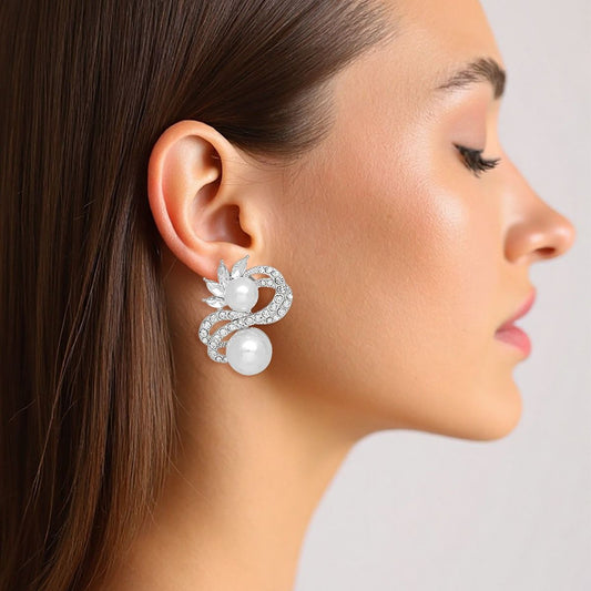 Clip On High End Silver Ribbon Pearl Earrings