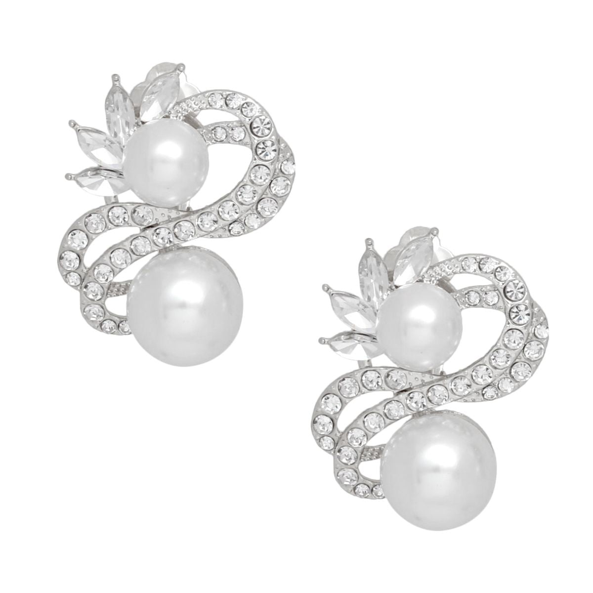 Clip On High End Silver Ribbon Pearl Earrings