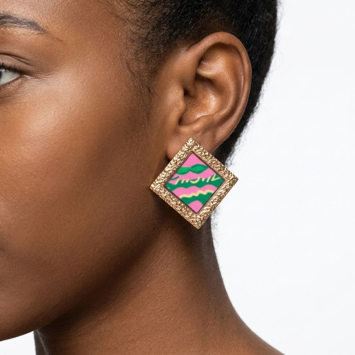 AKA Pink Wave Gold Framed Art Clip On Earrings