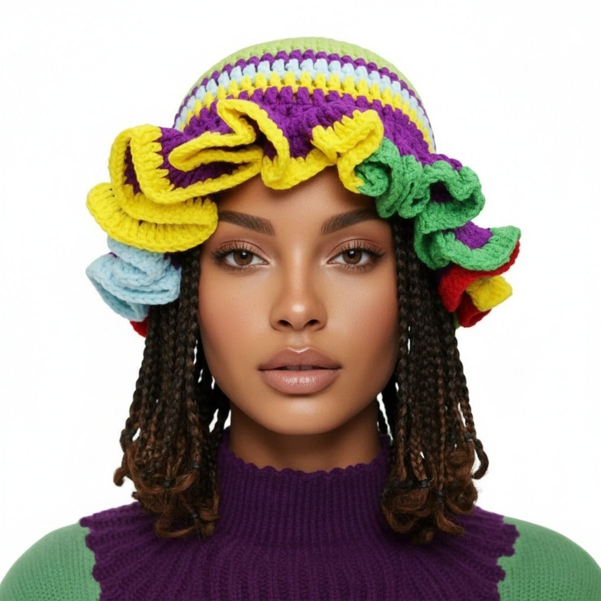 Mardi Gras Crochet Multicolor Ruffle Bucket Hat Women