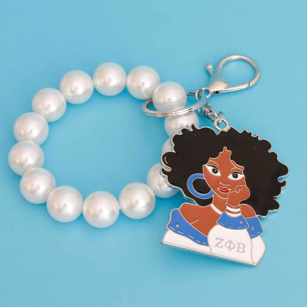 Blue White Woman Pearl Keychain ZPB