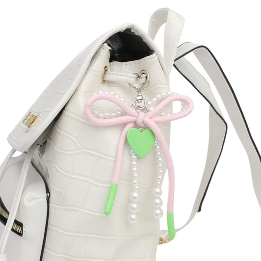 AKA White Pearl and Pink Cord Bows Heart Bag Clip