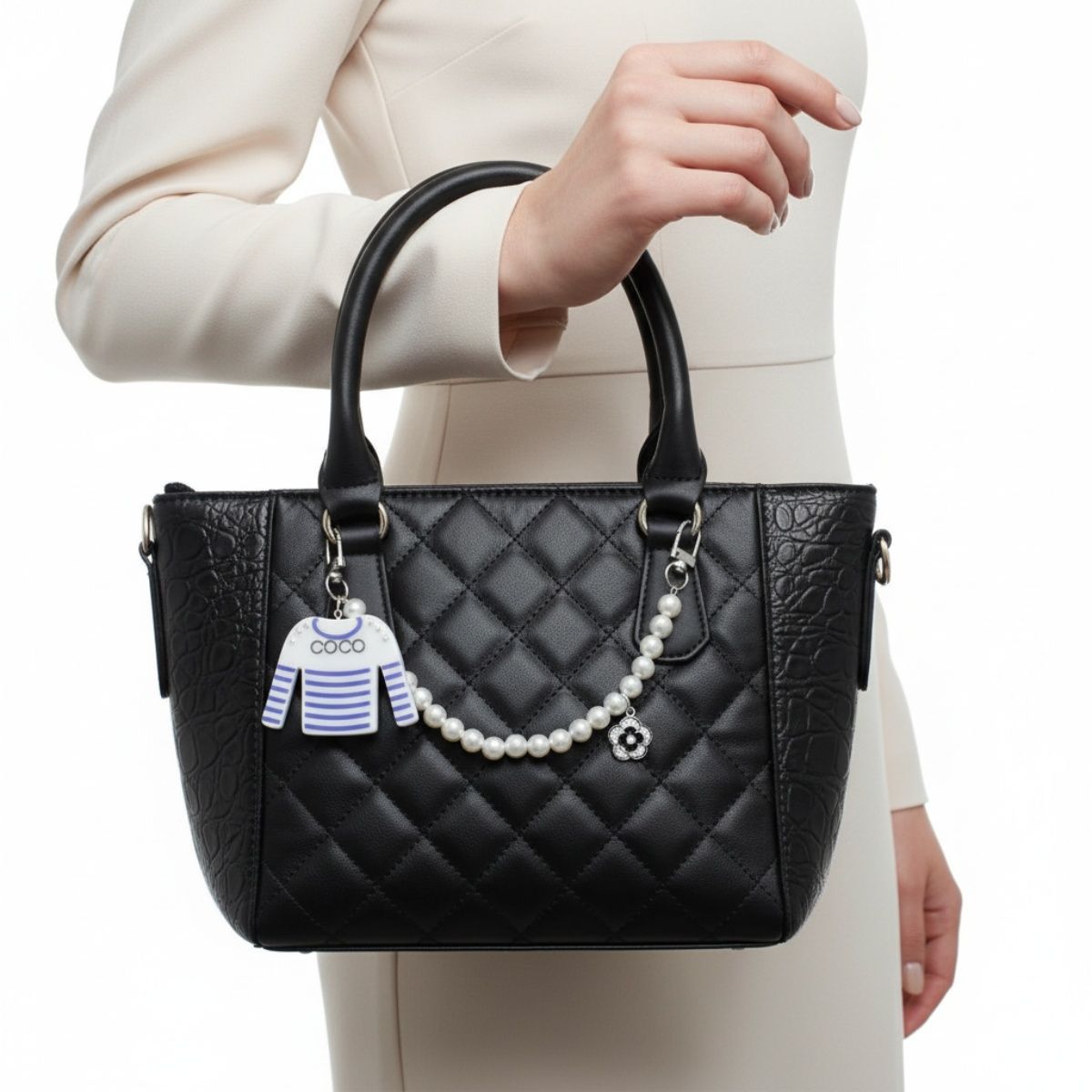 Keychain White Blue Stripe COCO Shirt Pearl Clip