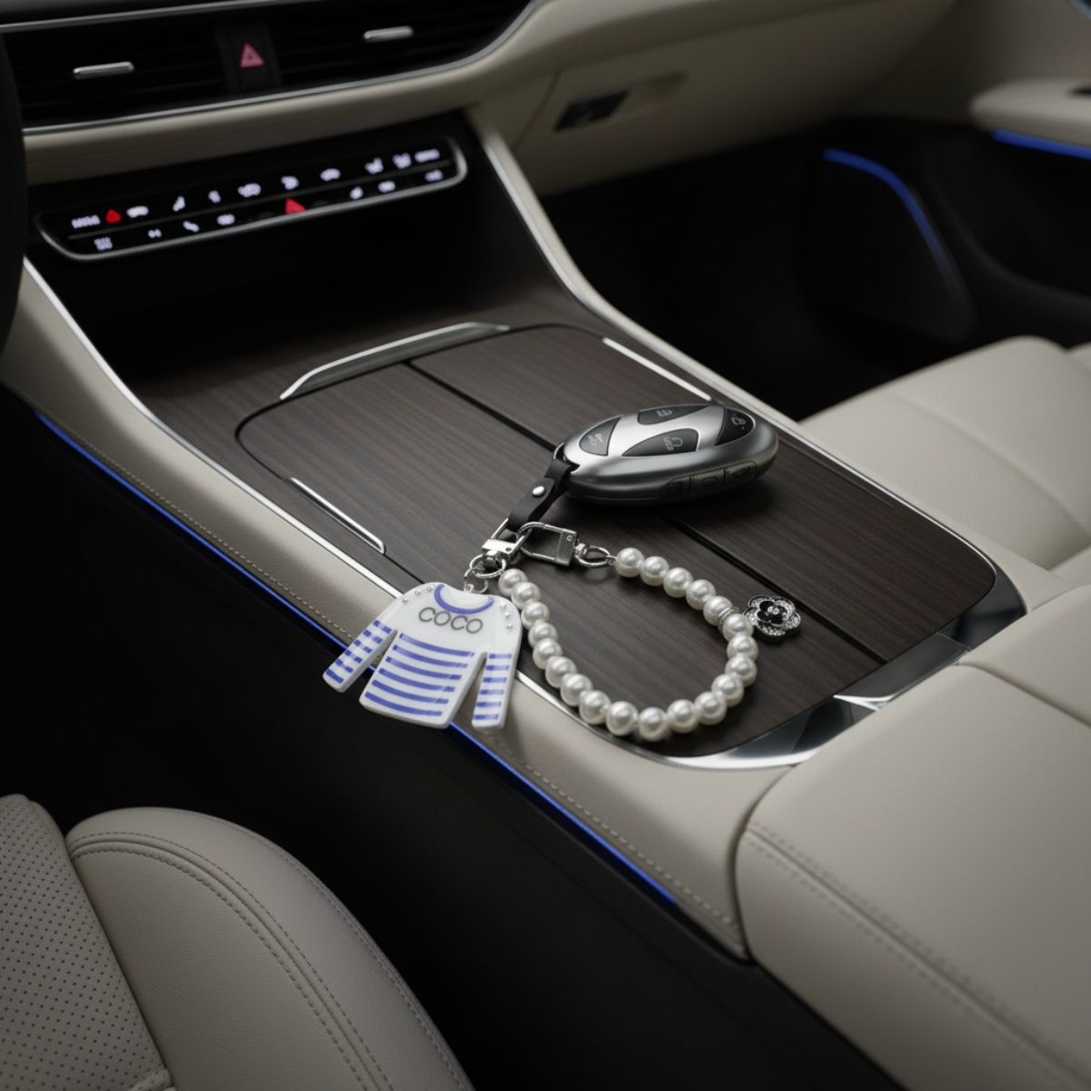 Keychain White Blue Stripe COCO Shirt Pearl Clip