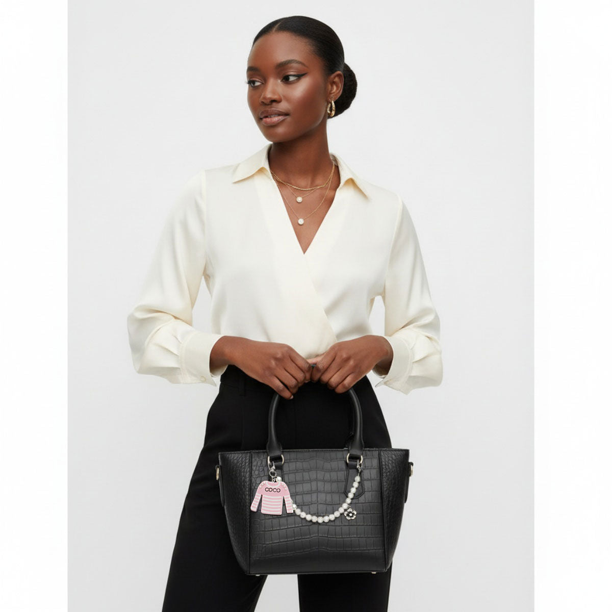 Keychain Pink White Stripe COCO Shirt Pearl Clip