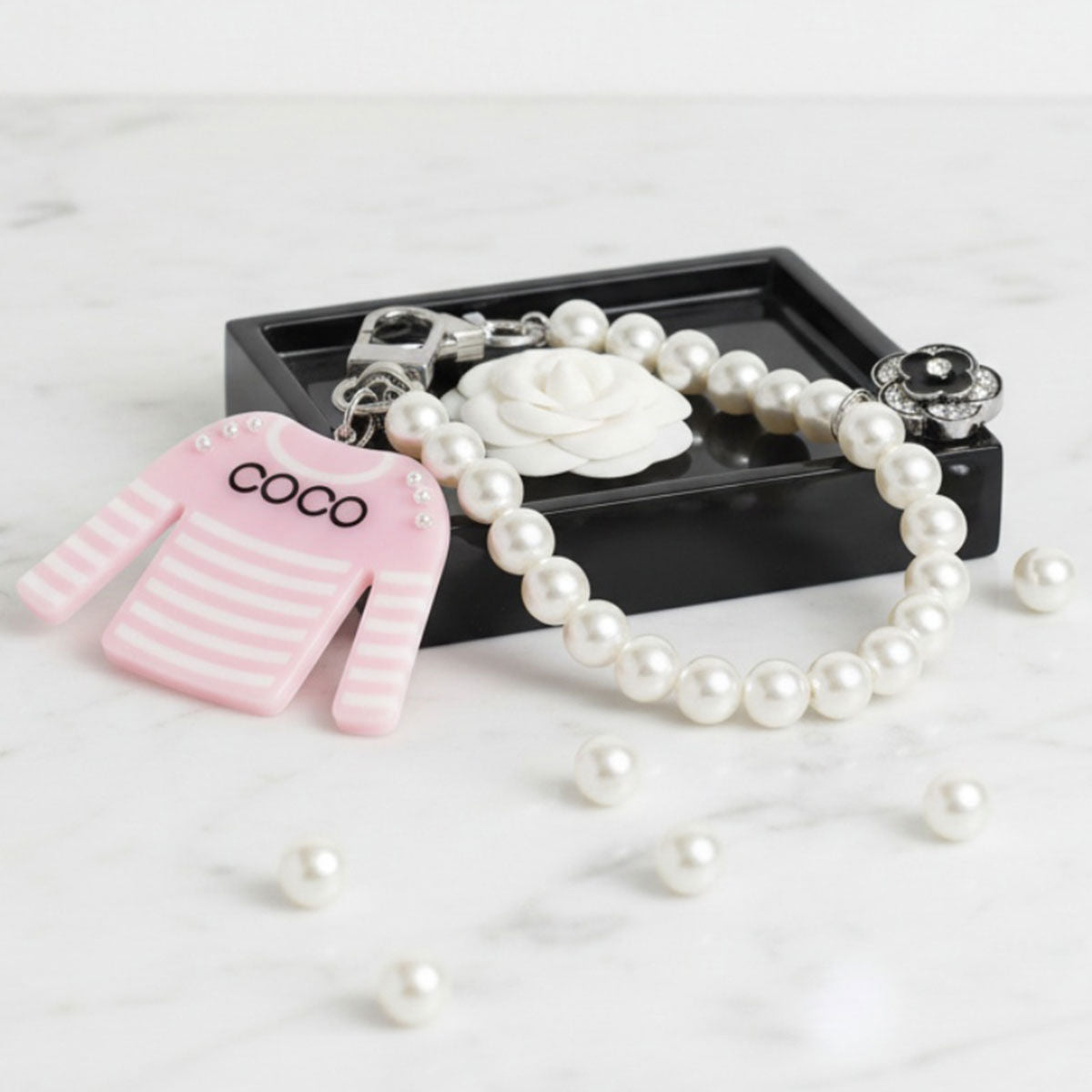 Keychain Pink White Stripe COCO Shirt Pearl Clip