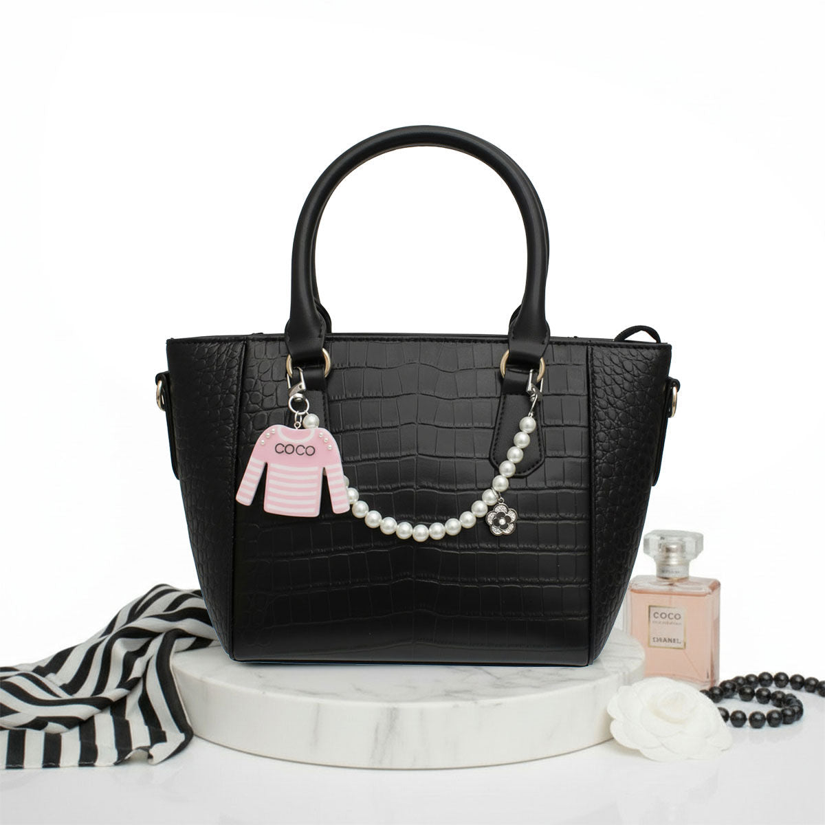 Keychain Pink White Stripe COCO Shirt Pearl Clip