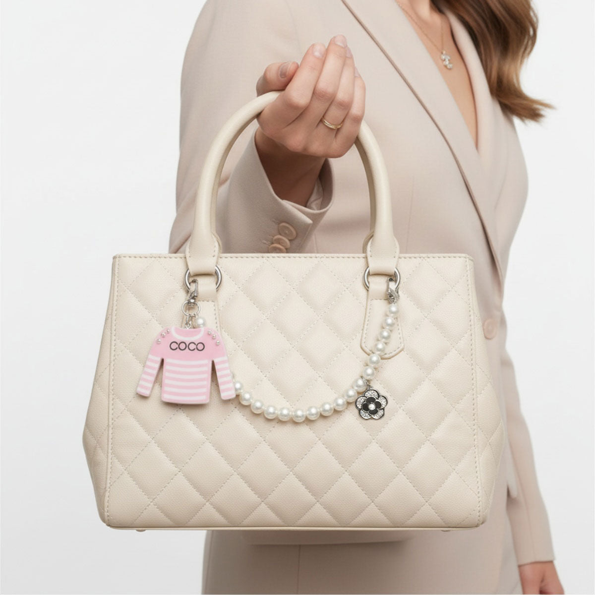 Keychain Pink White Stripe COCO Shirt Pearl Clip