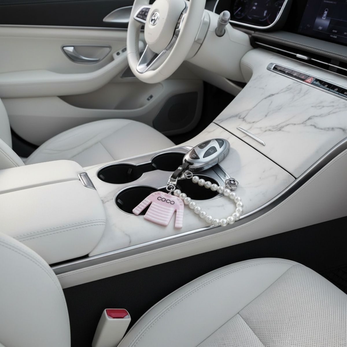 Keychain Pink White Stripe COCO Shirt Pearl Clip