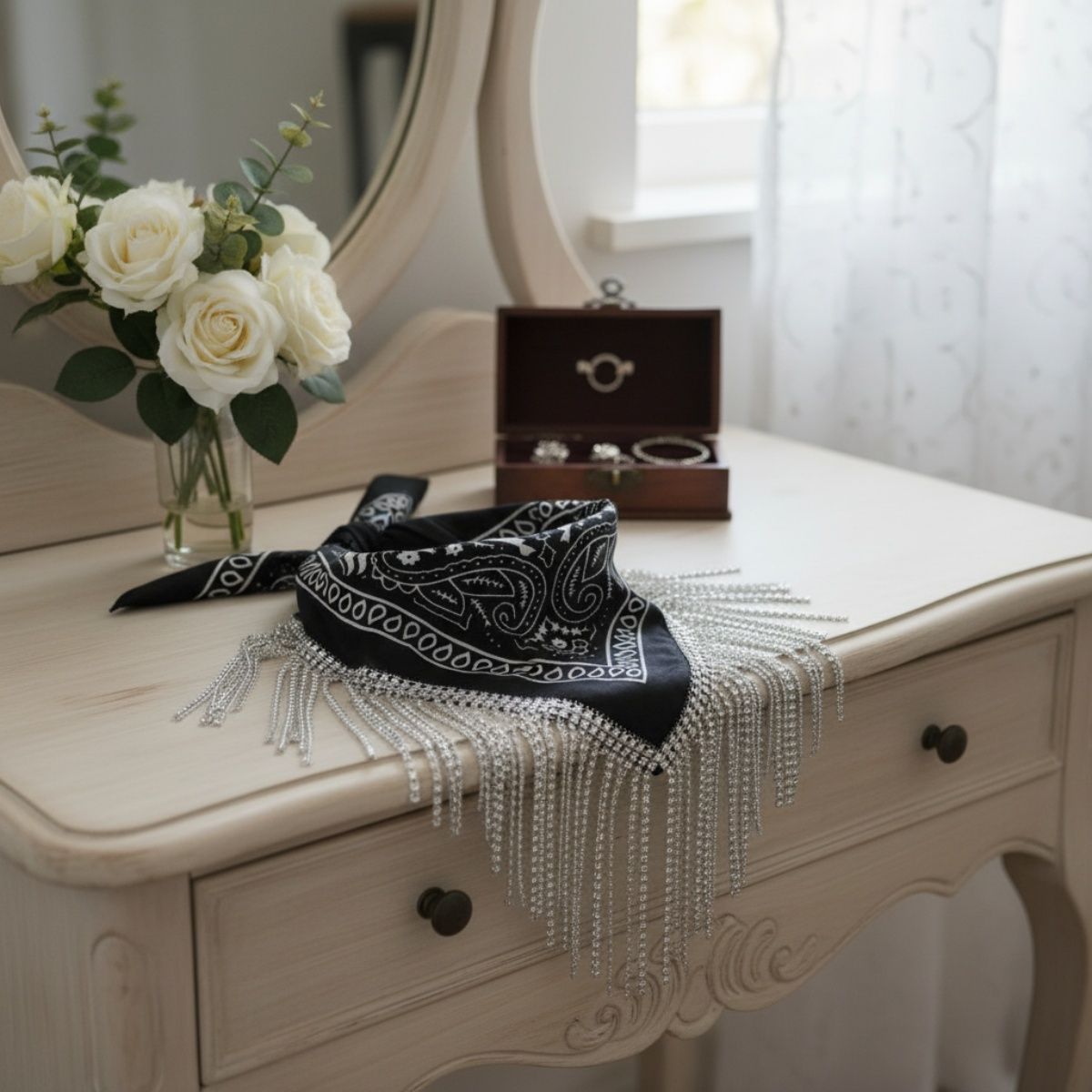 Necklace Black Bandana Bling Fringe Scarf