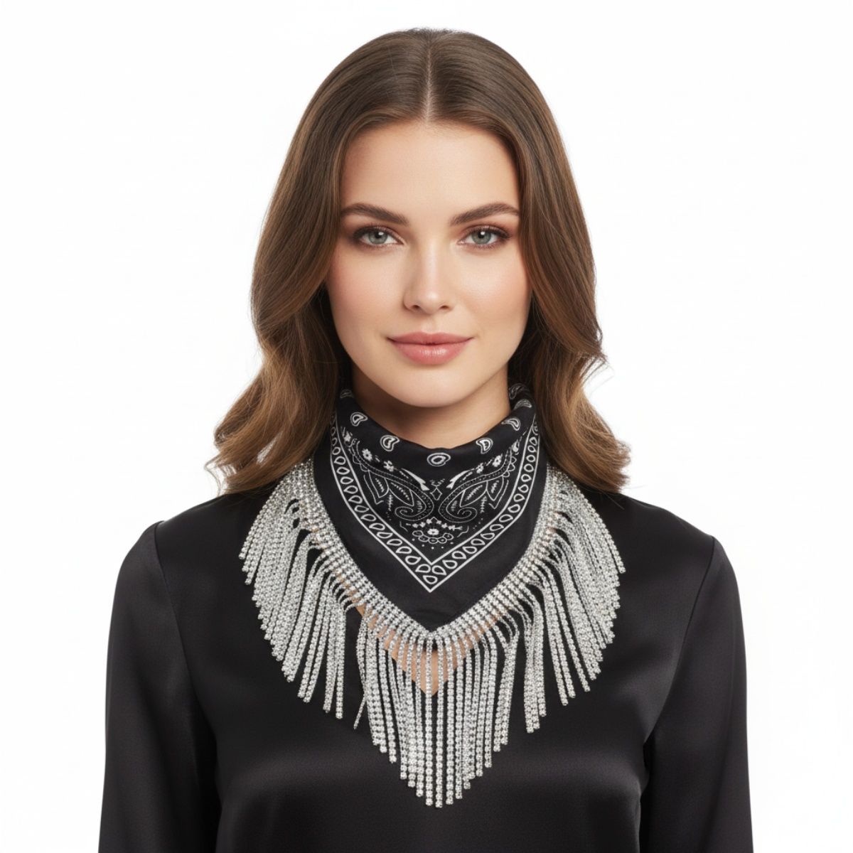 Necklace Black Bandana Bling Fringe Scarf