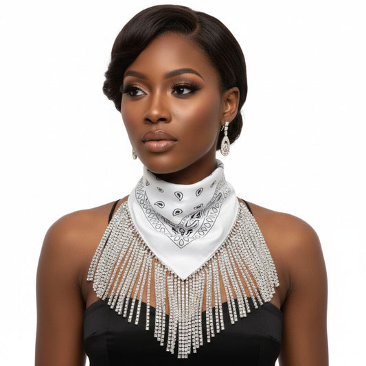 Necklace White Bandana Bling Fringe Scarf