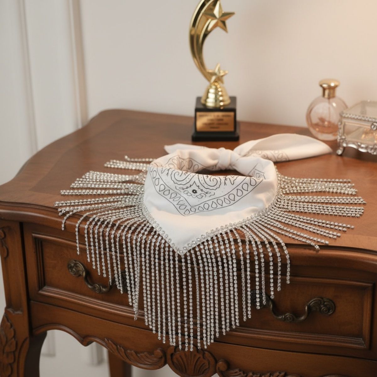 Necklace White Bandana Bling Fringe Scarf