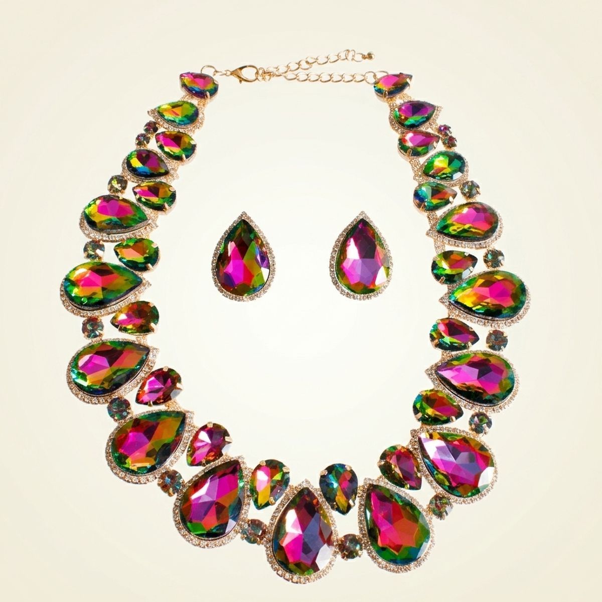 Pink Green Glass Teardrop Crystal Collar Necklace