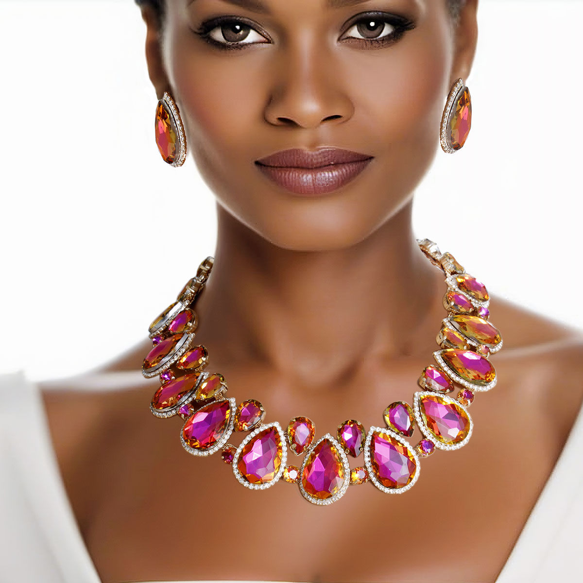 Purple Mix Glass Teardrop Crystal Collar Necklace
