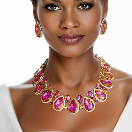 Purple Mix Glass Teardrop Crystal Collar Necklace