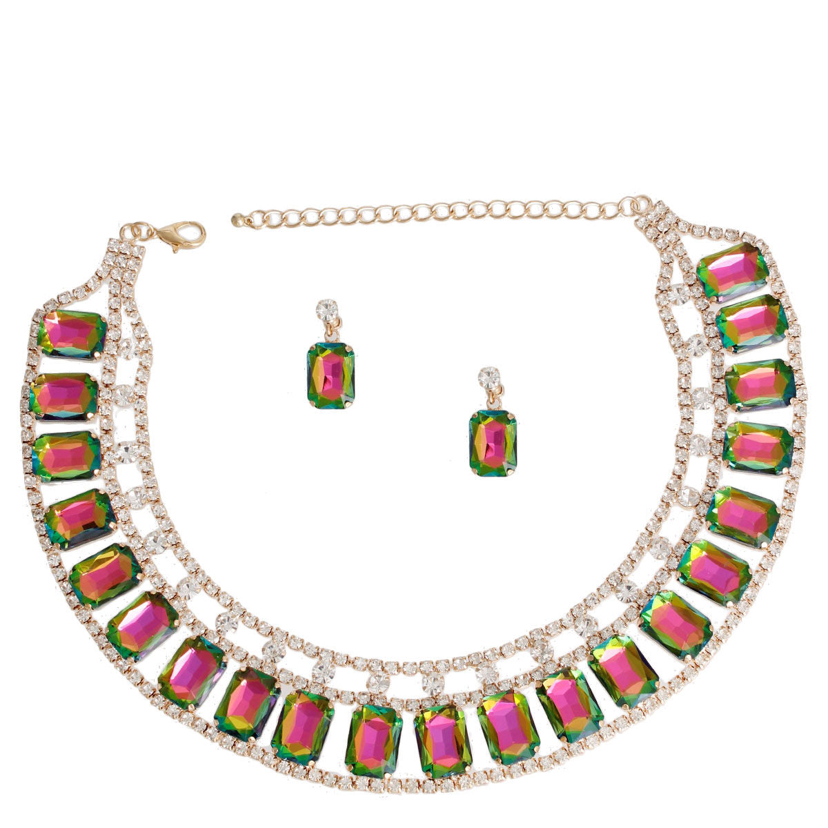 Pink Green Radiant Crystal Collar Set