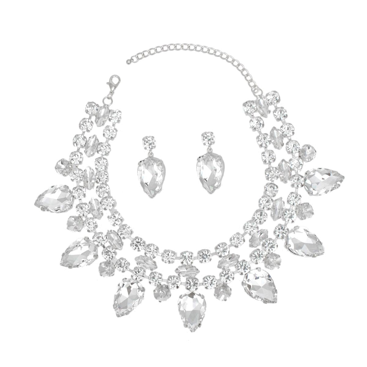 Formal Brilliant Silver Teardrop Crystal Necklace