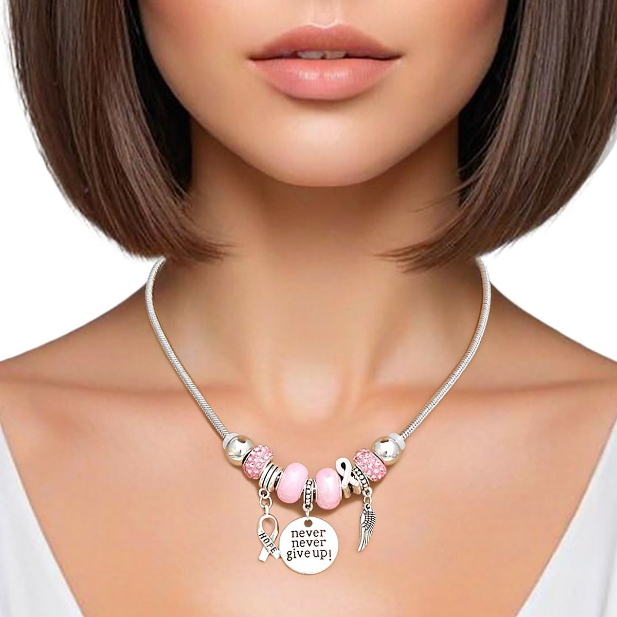 Breast Cancer Silver Never Give Up Charm Necklace