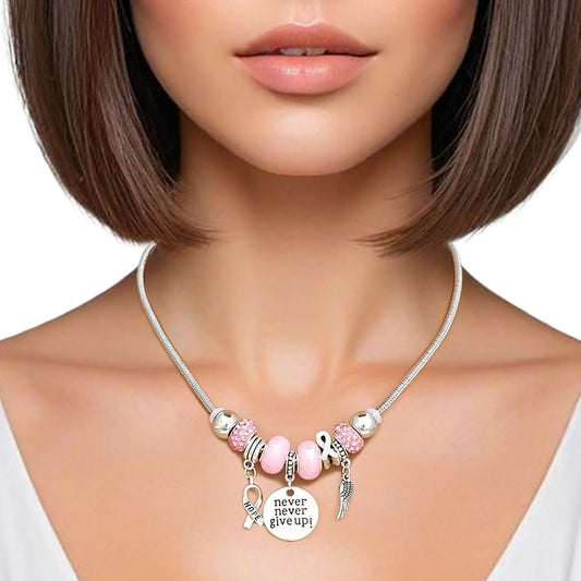 Breast Cancer Silver Never Give Up Charm Necklace