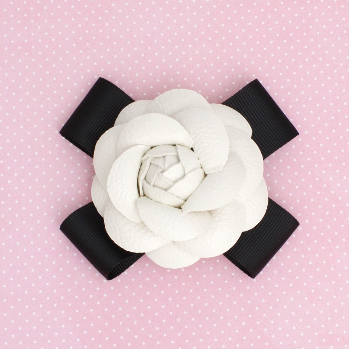 Brooch Clip White Faux Leather Camellia Ribbon Pin