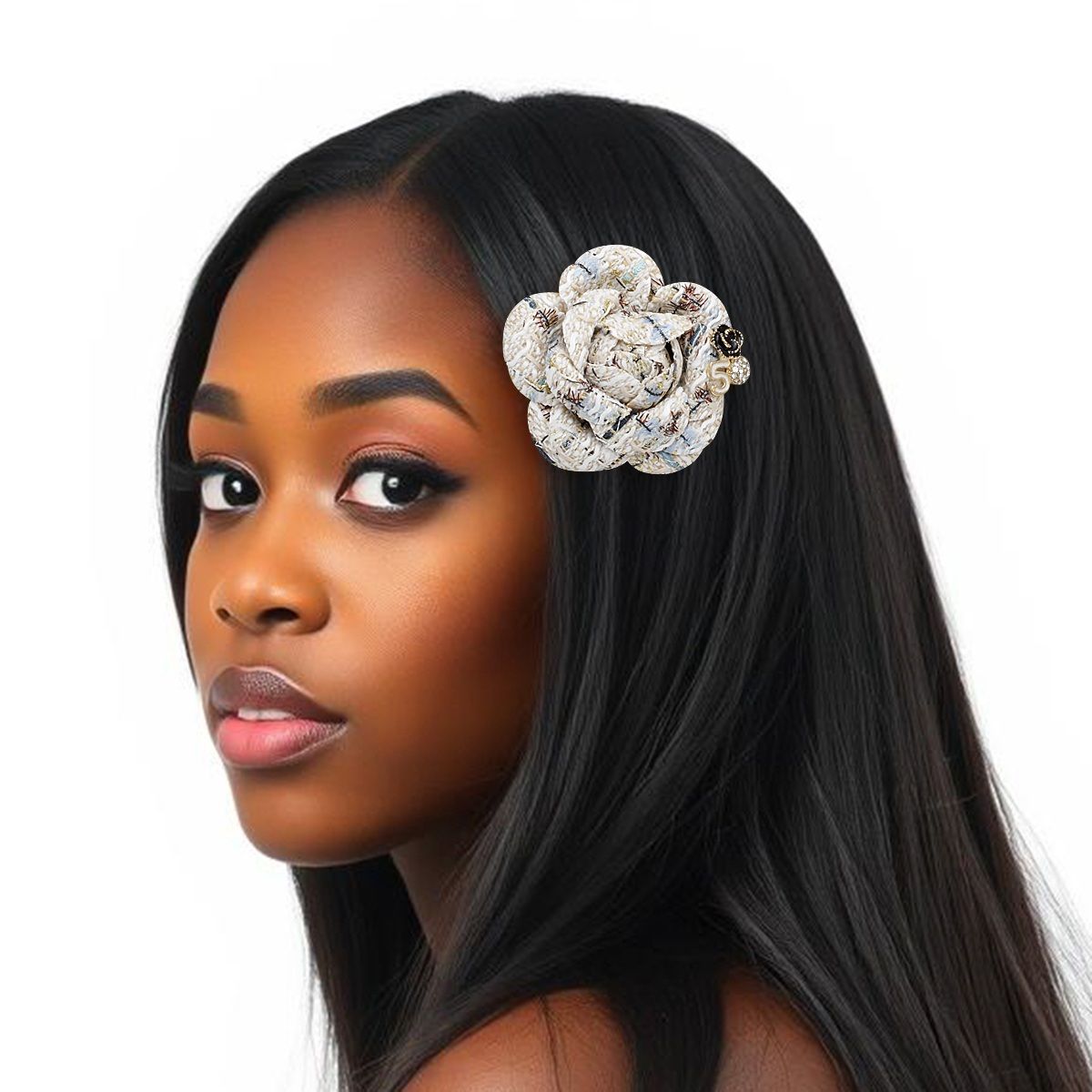 Brooch Couture White Tweed Camellia Bloom Pin